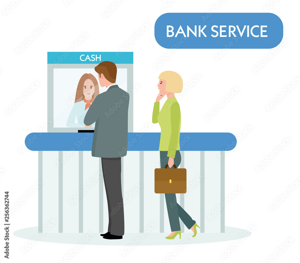 female bank teller serve business man on white background. Vector  illustration in a flat cartoon style Stock Vector | Adobe Stock
