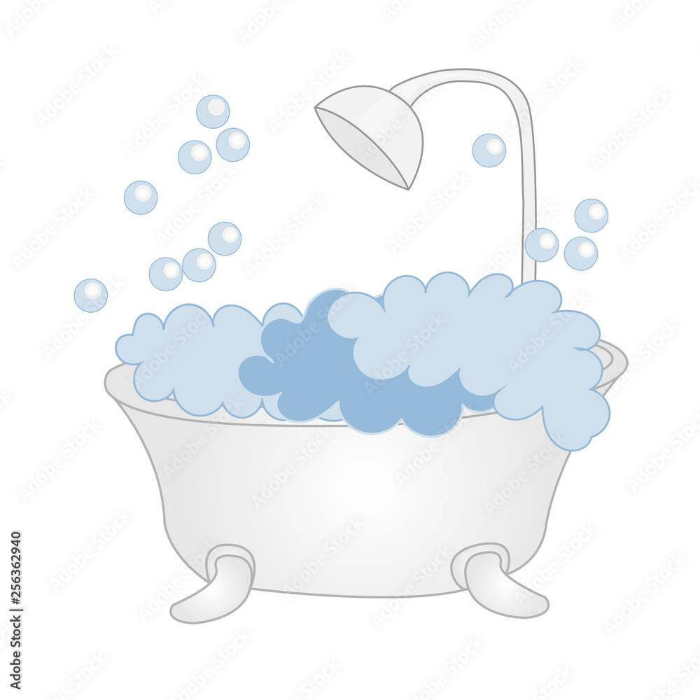 Retro bathtub with foam and bubbles. Cartoon vector illustration on a white background. Bathtub with foam bubbles