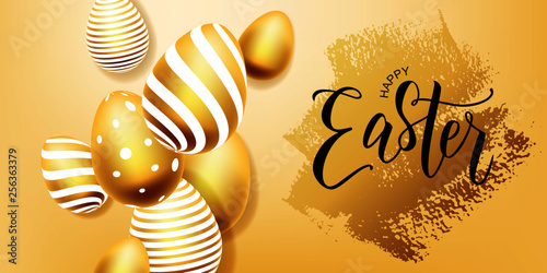 Happy Easter hand lettering with gold realistic looking egg. Vector typography. Quote as Pascha logotype, badge and icon. Resurrection Sunday postcard, card, invitation, poster, banner template.