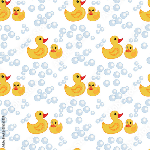 Bath Time. Vector seamless pattern with ducks and bubbles