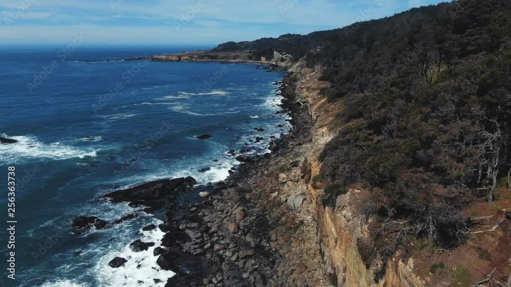 Sun drenched rocks are rhythmically beaten by Pacific Ocean Waves. Cliffs and rugged trees frame the seashore. Drone based aerial video. Cinematic and beautiful. Both calming and energizing. Sun drenched rocks are rhythmically beaten by Pacific Ocean Waves. Cliffs and rugged trees frame the seashore. Drone based aerial video. Cinematic and beautiful. Both calming and energizing.