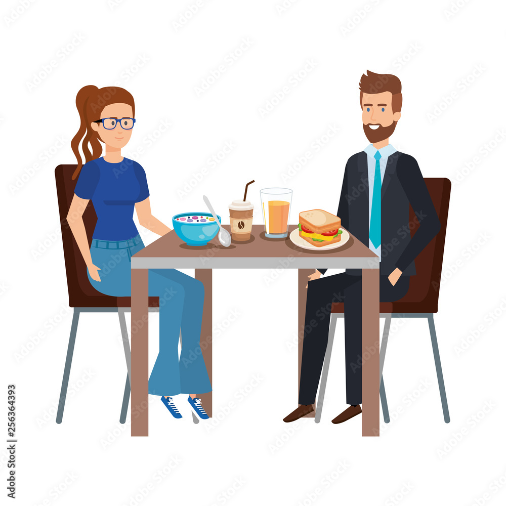 young couple eating in table characters young couple eating in table characters
