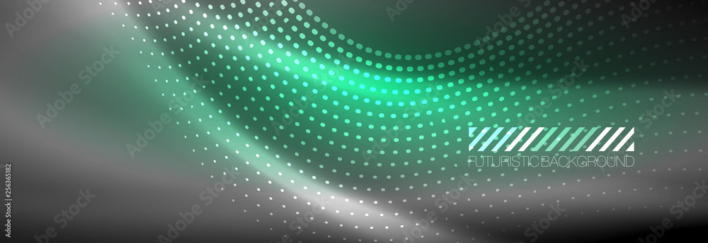 Fototapeta premium Glowing abstract wave on dark, shiny motion, Christmas and New Year magic space light. Techno abstract background