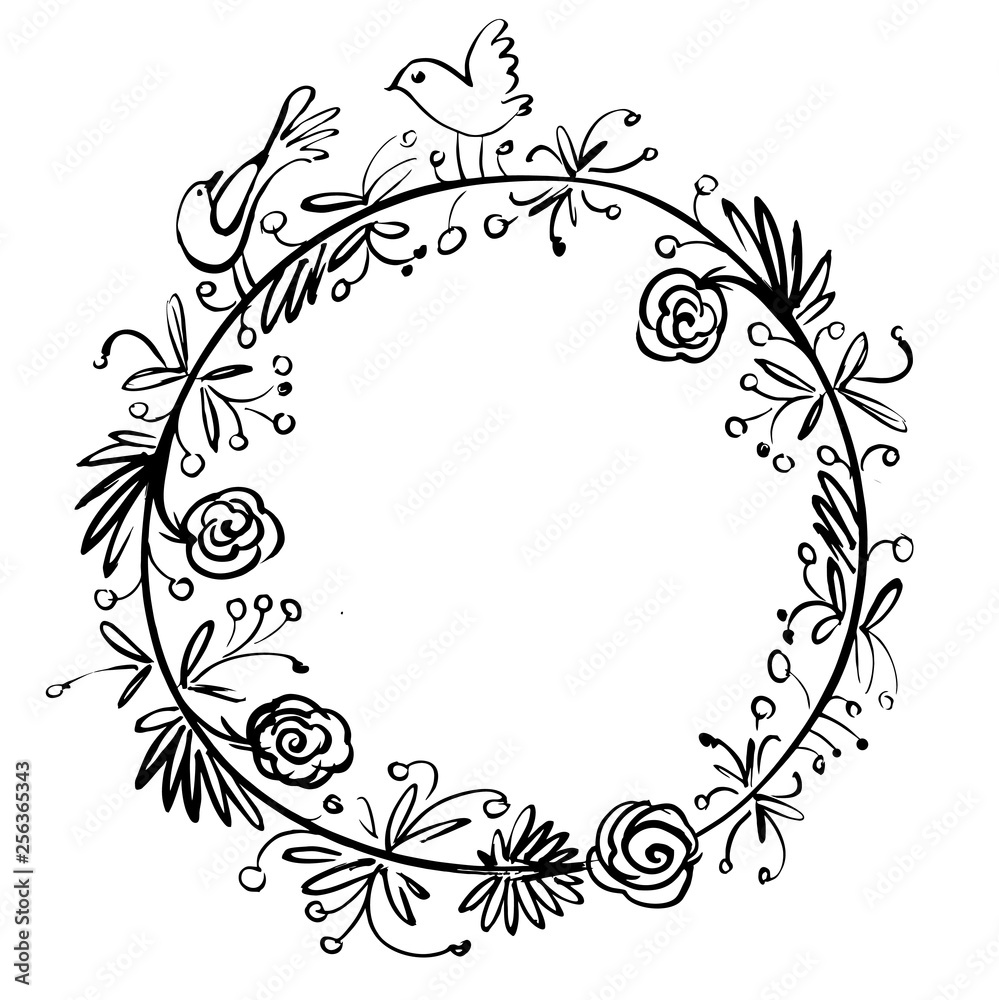 Frame of branches and flowers, circle, easy sketch Frame of branches and flowers, circle, easy sketch