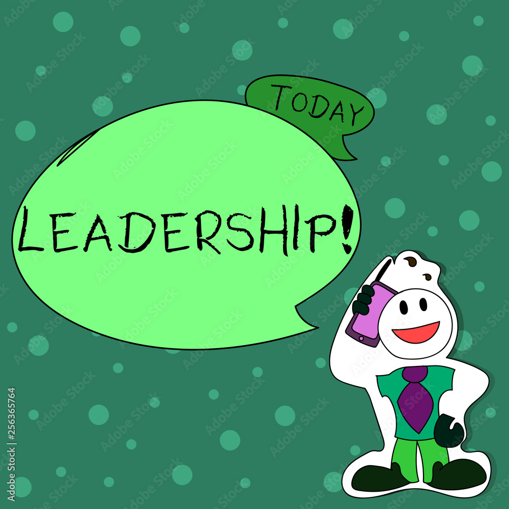 Writing note showing Leadership. Business concept for Ability Activity involving leading a group of showing or company Man in Necktie Holding Smartphone to Head in Sticker Style Writing note showing Leadership. Business concept for Ability Activity involving leading a group of showing or company Man in Necktie Holding Smartphone to Head in Sticker Style