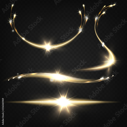 Shying sparkles or burning particles flying out from bright light burst with light traces 3d realistic vector set isolated on transparent background. Fireworks and pyrotechnic effects, metal welding