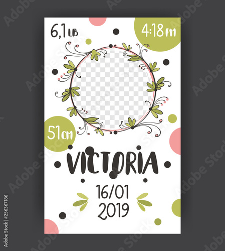 Baby Shower poster template with photo frame. Newborn metrics