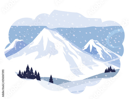 mountains with forest pines snowscape scene