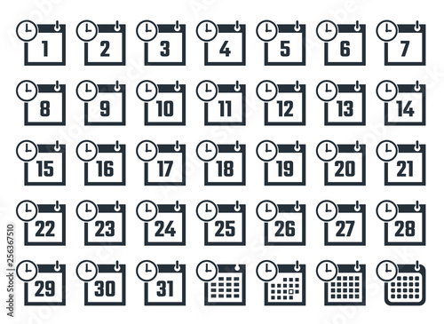 calendar icons with dates from 1 to 31, vector illustration