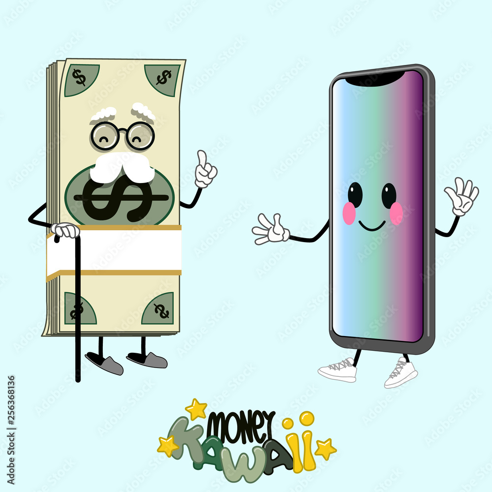 An old bundle of money talking to modern new mobile phone, kawaii cartoon  characters over bright neon background Stock Vector | Adobe Stock