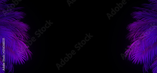 3d render of neon palm leaves on the black. Banner design. Retrowave, synthwave, vaporwave illustration.