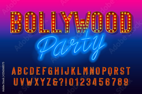 Bollywood party alphabet font. Retro letters and numbers with light bulb. Vector typescript for your design. photo