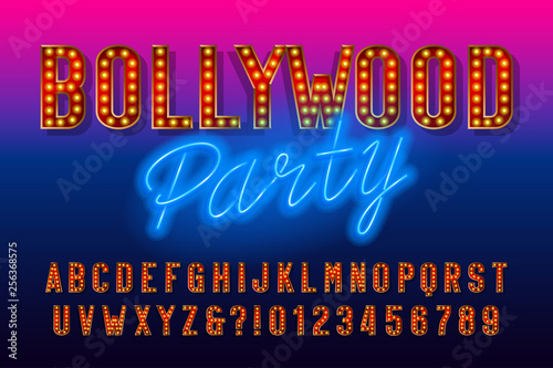 Bollywood party alphabet font. Retro letters and numbers with light bulb. Vector typescript for your design.