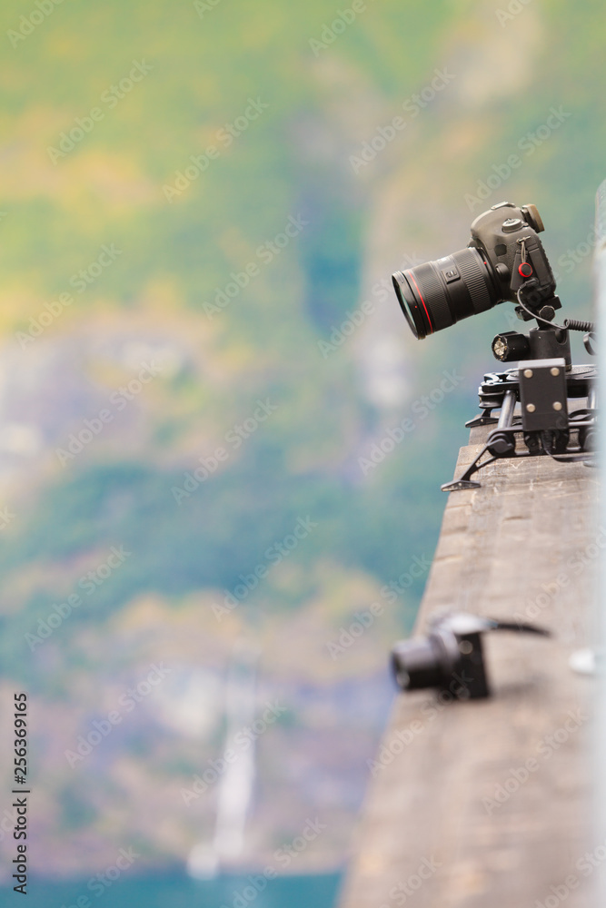 Camera in mountains, photography in wildlife