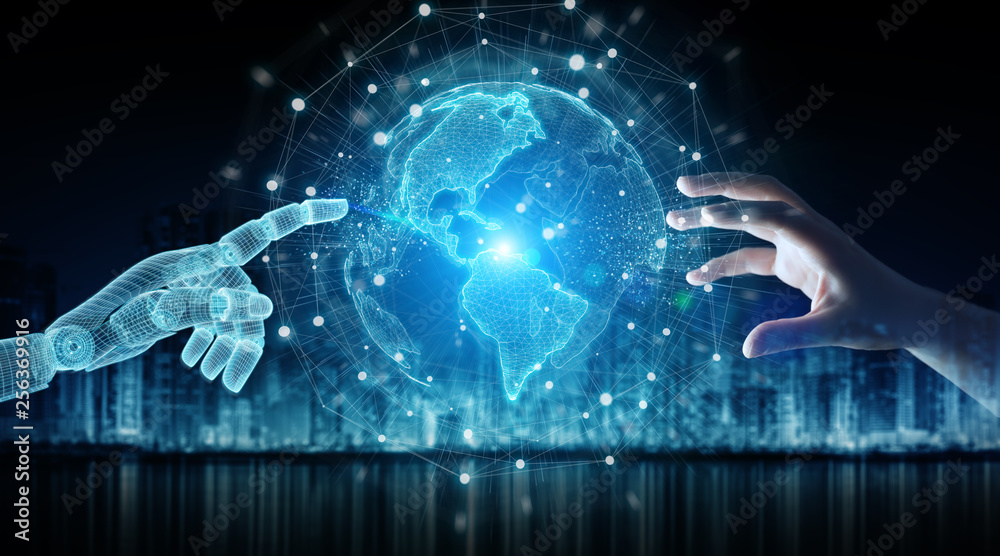 Wireframed robot hand and human hand touching digital world on dark 3D rendering Wireframed robot hand and human hand touching digital world on dark 3D rendering