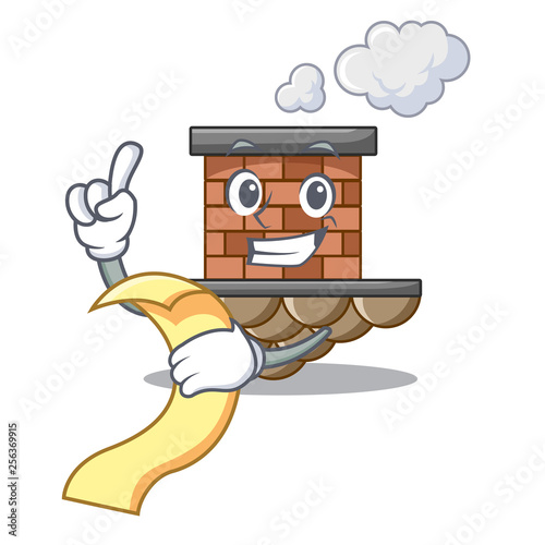 With menu miniature cartoon brick chimney above table