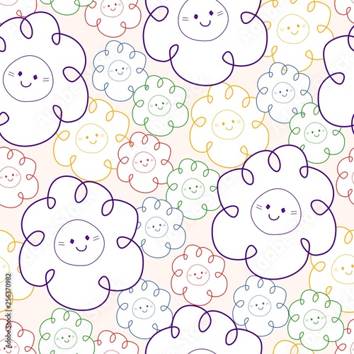 Cute kawai loop flowers, spring seamless vector pattern. Hand drawn colorful floral elements.
