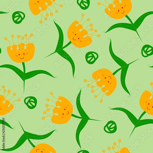 Cute kawai flowers, spring seamless vector pattern. Hand drawn colorful floral elements.