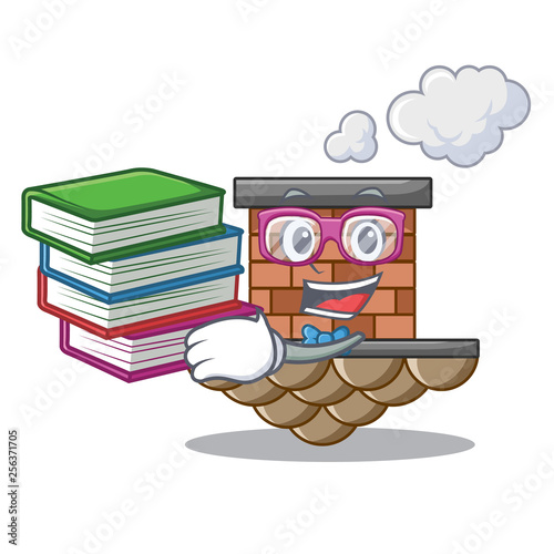 Student with book brick chimney next the cartoon roof