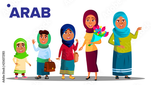 Arab, Muslim Generation Female Set People Person Vector. Mother, Daughter, Granddaughter, Baby. Isolated Illustration