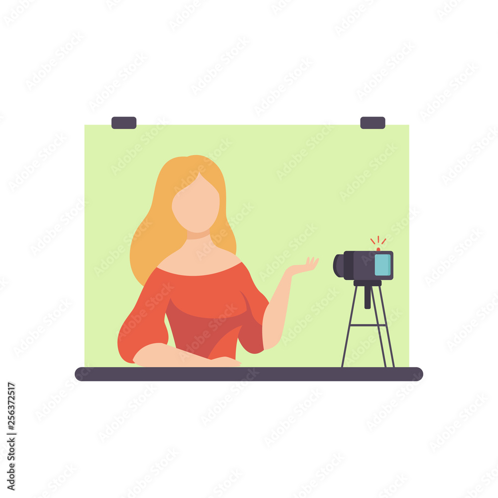 Young Woman Blogger Creating Content and Posting It on Social Media, Online Channel Concept, Female Video Streamer Vector Illustration