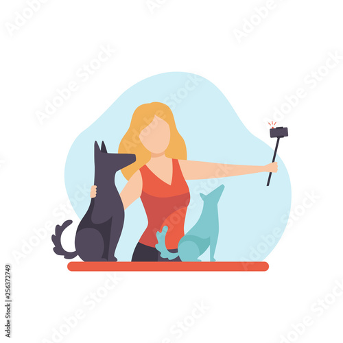 Girl Blogger Recording Video on Camera with Her Dog, Young Woman Creating Content and Posting It on Social Media, Online Channel Concept, Female Video Streamer Vector Illustration