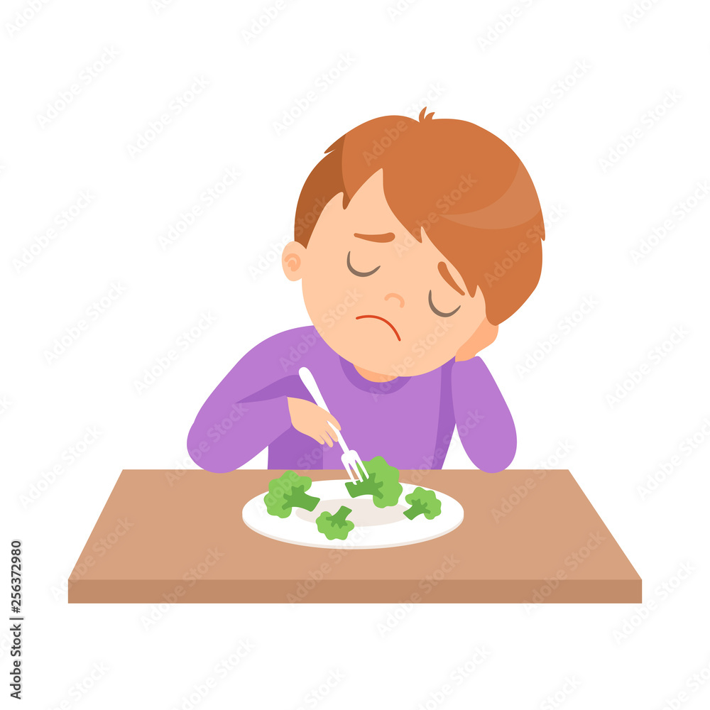Cute Boy Does Not Want to Eat Broccoli, Kid Does Not Like Vegetables Vector Illustration Cute Boy Does Not Want to Eat Broccoli, Kid Does Not Like Vegetables Vector Illustration