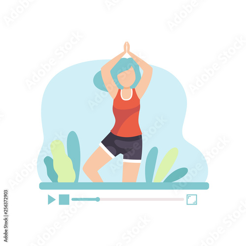 Girl Practicing Yoga, Young Woman Blogger Creating Content about Her Hobby and Posting It on Social Media, Online Channel Concept Vector Illustration