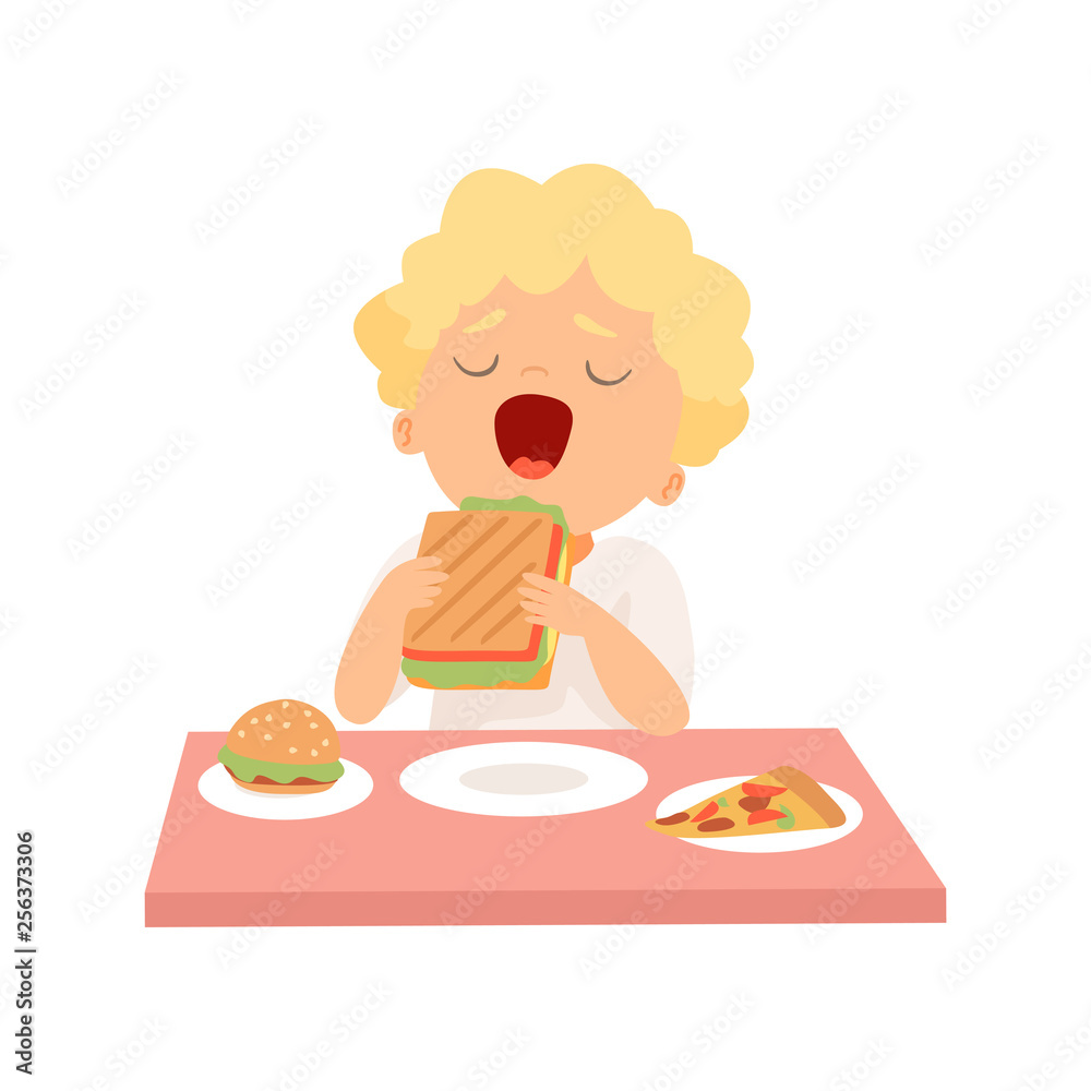 Cute Boy Eating Sandwich, Kid Enjoying Eating of Fast Food Vector Illustration Cute Boy Eating Sandwich, Kid Enjoying Eating of Fast Food Vector Illustration