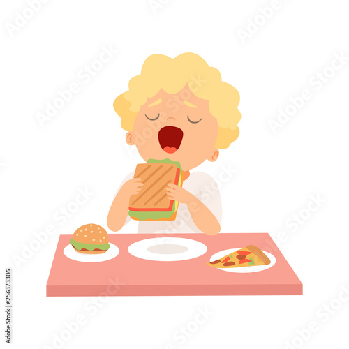Cute Boy Eating Sandwich, Kid Enjoying Eating of Fast Food Vector Illustration