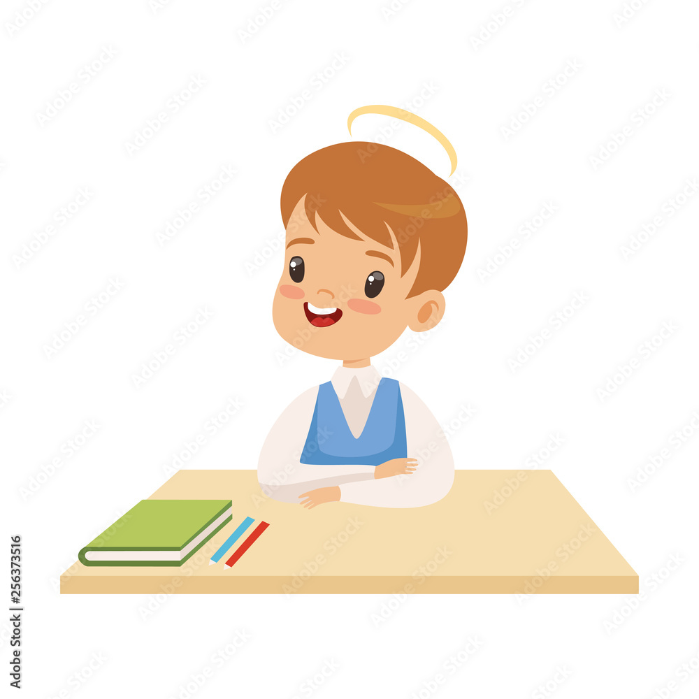 Little Boy With Halo on His Head Sitting at Desk, Cute Child with Good Manners Vector Illustration Little Boy With Halo on His Head Sitting at Desk, Cute Child with Good Manners Vector Illustration