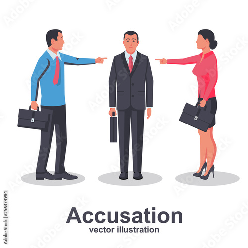 Accusation concept. Team of employees point finger at guilty person. Man and woman in business suits. Vector illustration flat design. Isolated on white background. Harassment coworkers. Victim worker