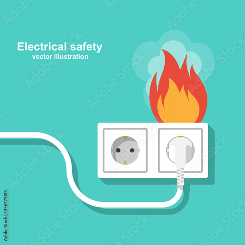 Fire wiring. Socket and plug on fire from overload. Electrical safety concept. Vector illustration flat design. Isolated on background. Short circuit electrical circuit. Broken electrical connection.