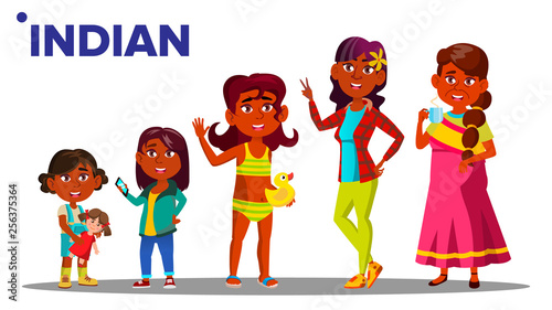 Indian Generation Female People Person Vector. Indian Mother, Daughter, Granddaughter, Baby, Teen. Vector. Isolated Illustration