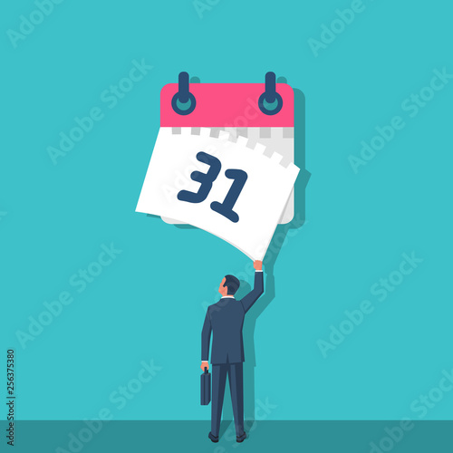 Tear off calendar sheet. End of month. Off date. Businessman hand closes the last sheet of the calendar. Deadline concept. Template page. Vector illustration flat design. Isolated on background.