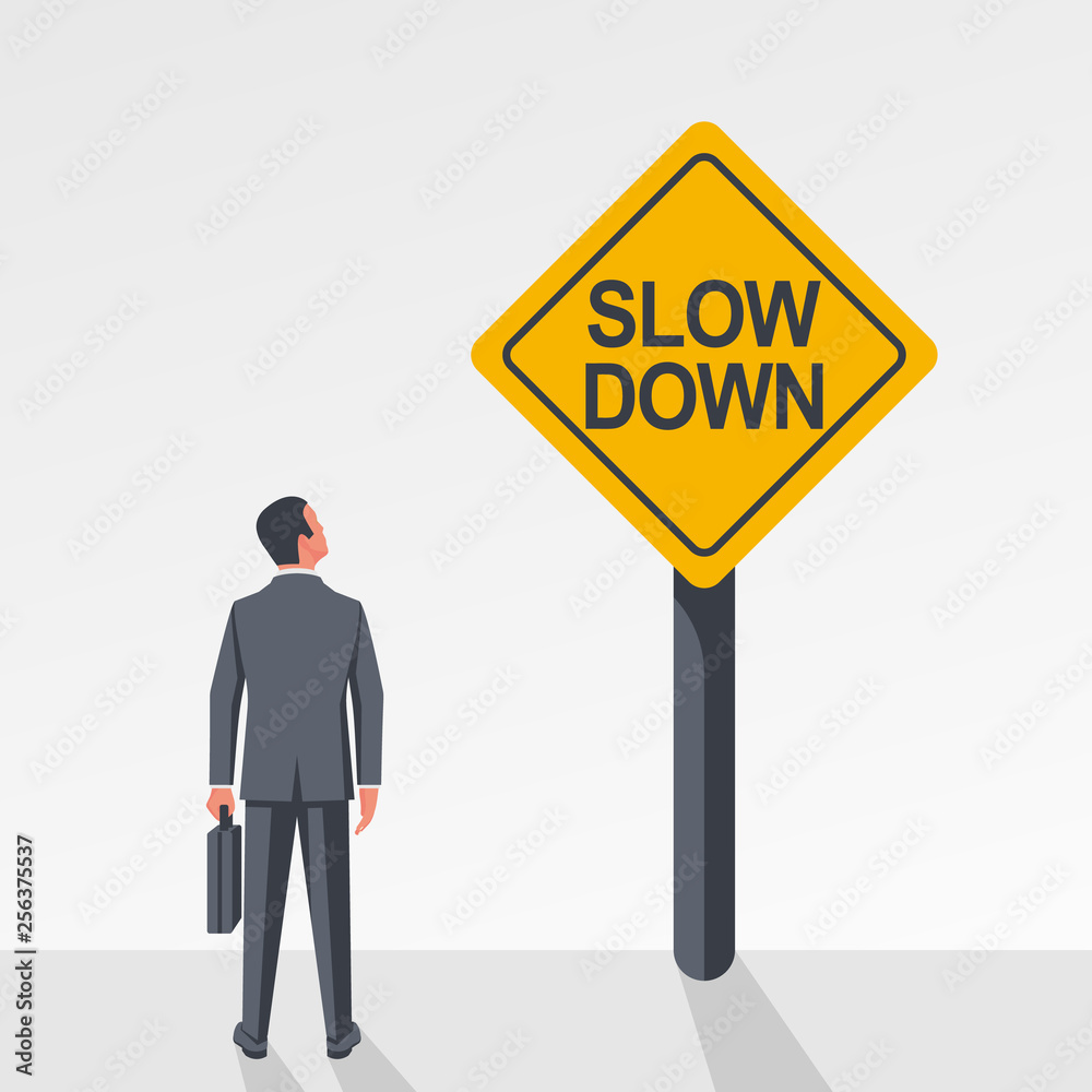 Businessman looks at a yellow sign Slow down. Vector illustration flat design. Isolated on white background. Successful business people. Businessman looks at a yellow sign Slow down. Vector illustration flat design. Isolated on white background. Successful business people.
