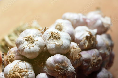 Garlic bundle on wooden background, Copy space