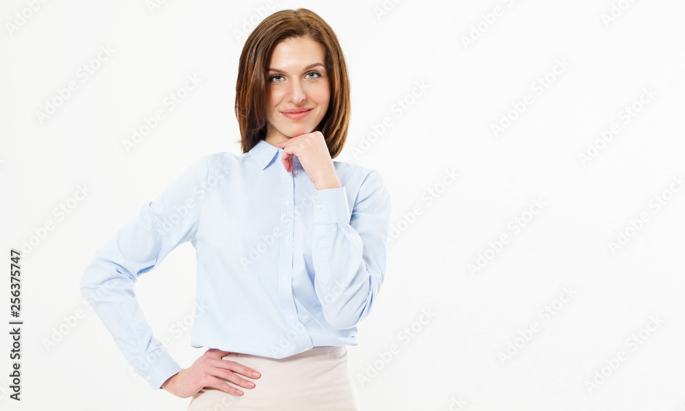 Of young beautiful cute cheerful brunette girl smiling looking at camera over white background - Happy woman portrait copy space isolated on white background Of young beautiful cute cheerful brunette girl smiling looking at camera over white background - Happy woman portrait copy space isolated on white background