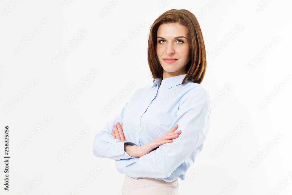 Friendly Beautiful Woman With Crossed Arms In Stylish Classic Shirt Posing On A White Background - Concept Of Successful People. Friendly Beautiful Woman With Crossed Arms In Stylish Classic Shirt Posing On A White Background - Concept Of Successful People.