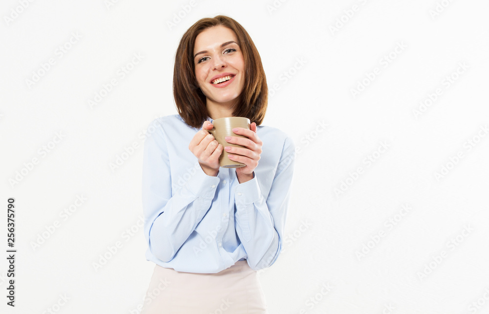 Close-up portrait of attractive pretty lovely stylish nice cute cheerful happy beautiful brunette woman in classic shirt, holding, looking at camera, isolated on white background. Close-up portrait of attractive pretty lovely stylish nice cute cheerful happy beautiful brunette woman in classic shirt, holding, looking at camera, isolated on white background.