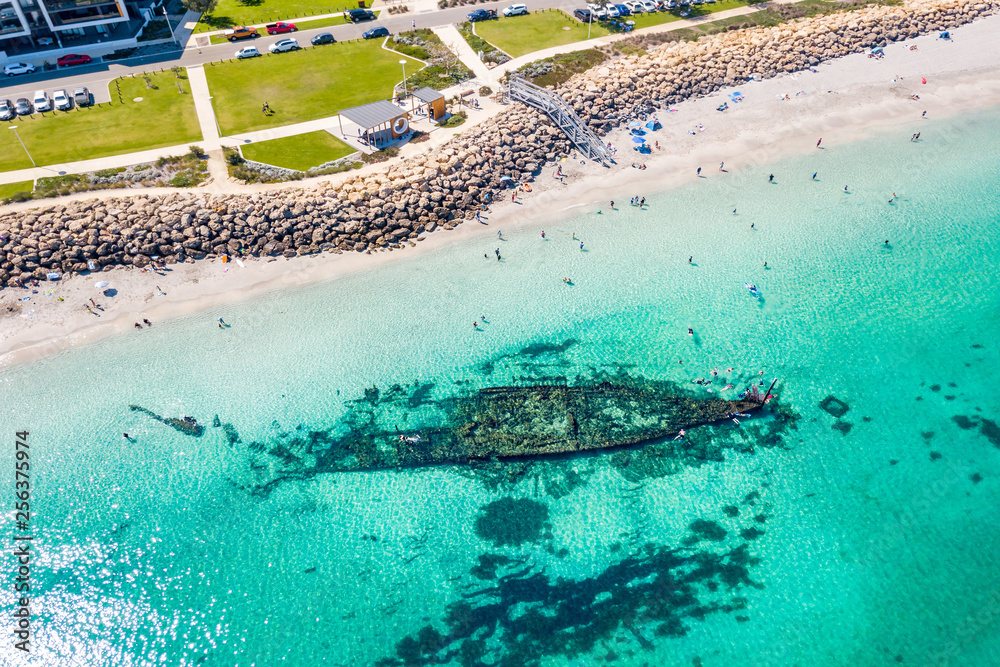 Aerial / drone photo over snorkelers at the Omeo shipwreck at Port Coogee, Fremantle, Western Australia.