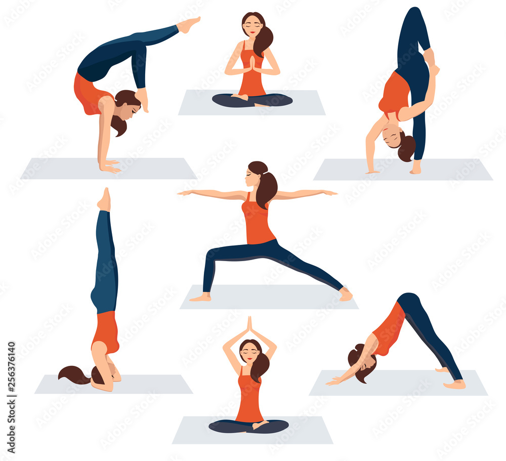Vector illustration on white background. Set of various yoga asanas. Beautiful young woman in several poses of yoga. A woman in a sporty orange T-shirt and leggings relaxes. Strength exercises