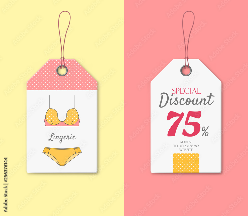Discount price tag with classic lingerie. Retro bras and pantaloons on card  layout. Vintage ladies underwear store vector illustration. Female wardrobe  shopping. Production promotion and announcement Stock Vector