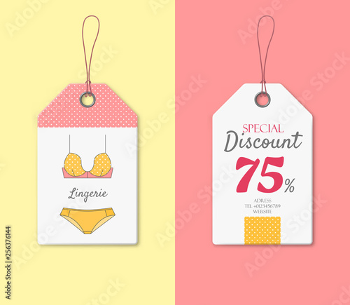 Discount price tag with classic lingerie. Retro bras and pantaloons on card layout. Vintage ladies underwear store vector illustration. Female wardrobe shopping. Production promotion and announcement