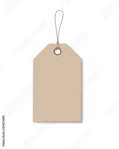 Brown cardboard price tag with shadow for sale campaign. Realistic paper label template with space for text isolated on white background. Production promotion and announcement vector illustration.