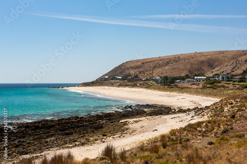 the beautiful Carrickalinga beach with rolling hills in the background on the Fleurieu Peninsula South Australia on 20th March 2019