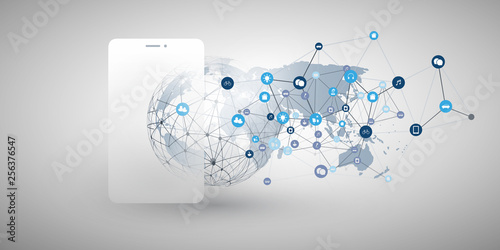 Internet of Things, Cloud Computing Design Concept with Smartphone and Icons - Digital Network Connections, Technology Background 