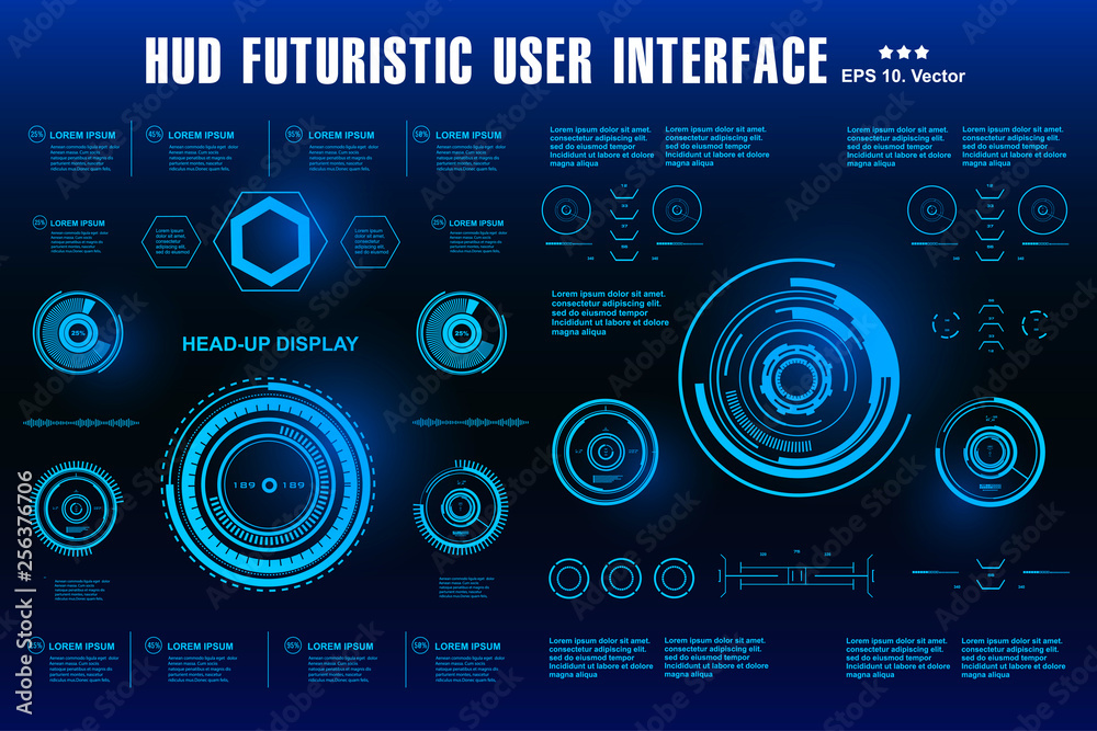 Futuristic blue virtual graphic touch user interface. HUD dashboard display virtual reality technology screen Futuristic blue virtual graphic touch user interface. HUD dashboard display virtual reality technology screen