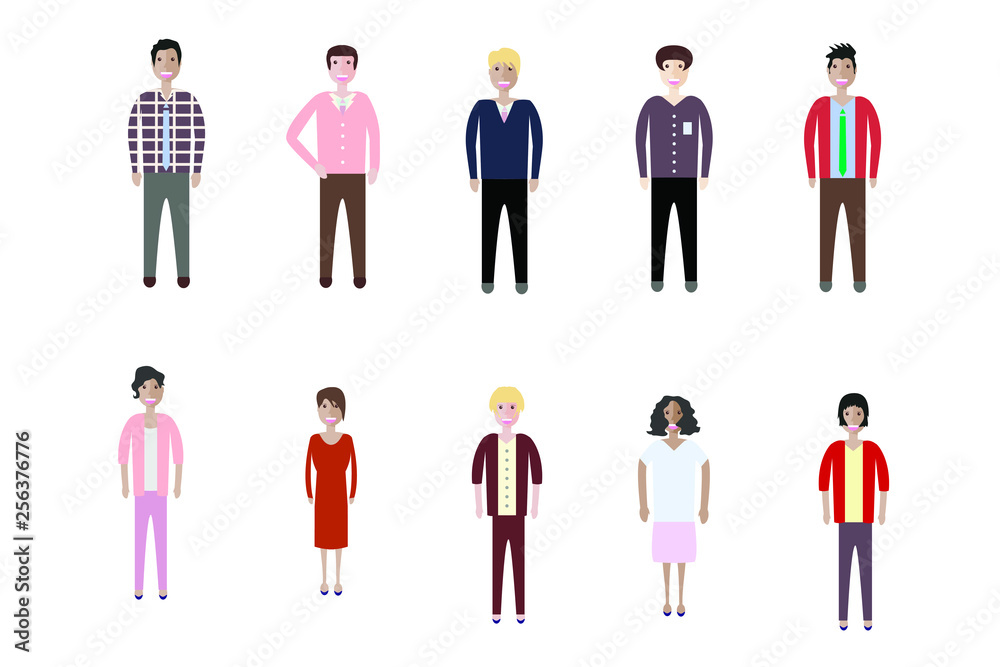Young people, teenagers and students. Fashion man and woman in modern clothes. Different characters stay on white background.