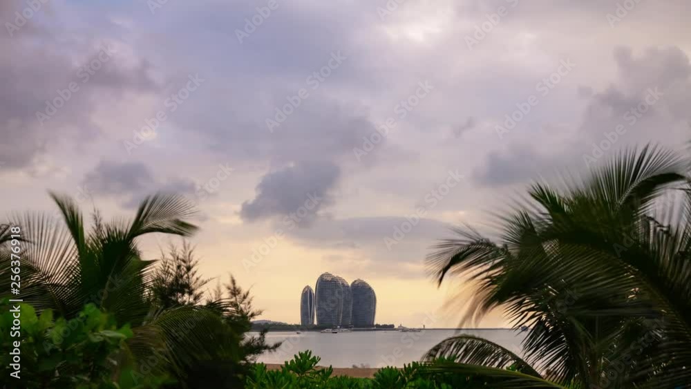 sunset time sanya city famous hotel resort island beach bay panorama 4k timelapse hainan china sunset time sanya city famous hotel resort island beach bay panorama 4k timelapse hainan china